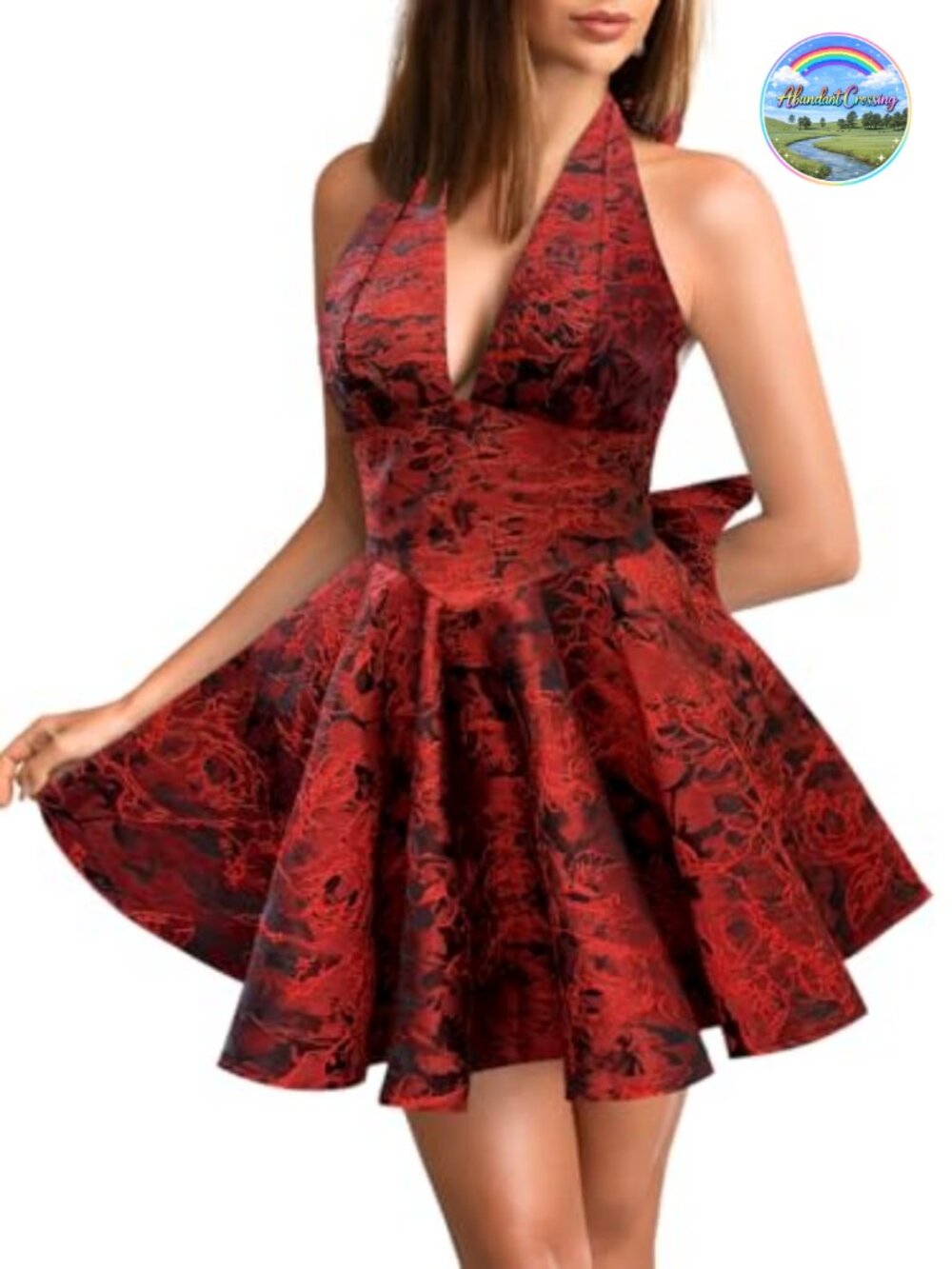 Jacquard Corset Dress Deep V Halter Mini with Bow Back Prom Homecoming
